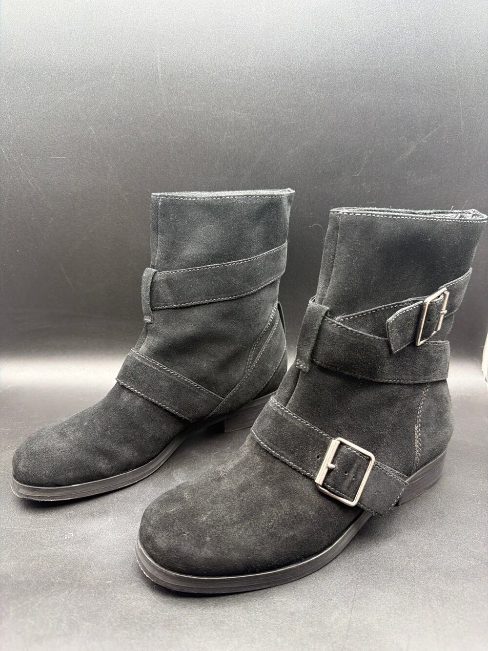 Pour La Victoire Black Suede Engineer Moto Ankle Boots Leather Sole W US 7